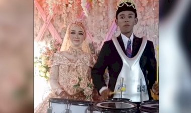 Pengantin Pria Ini Pamer Kepiawaian Main Drumband di Pelaminan